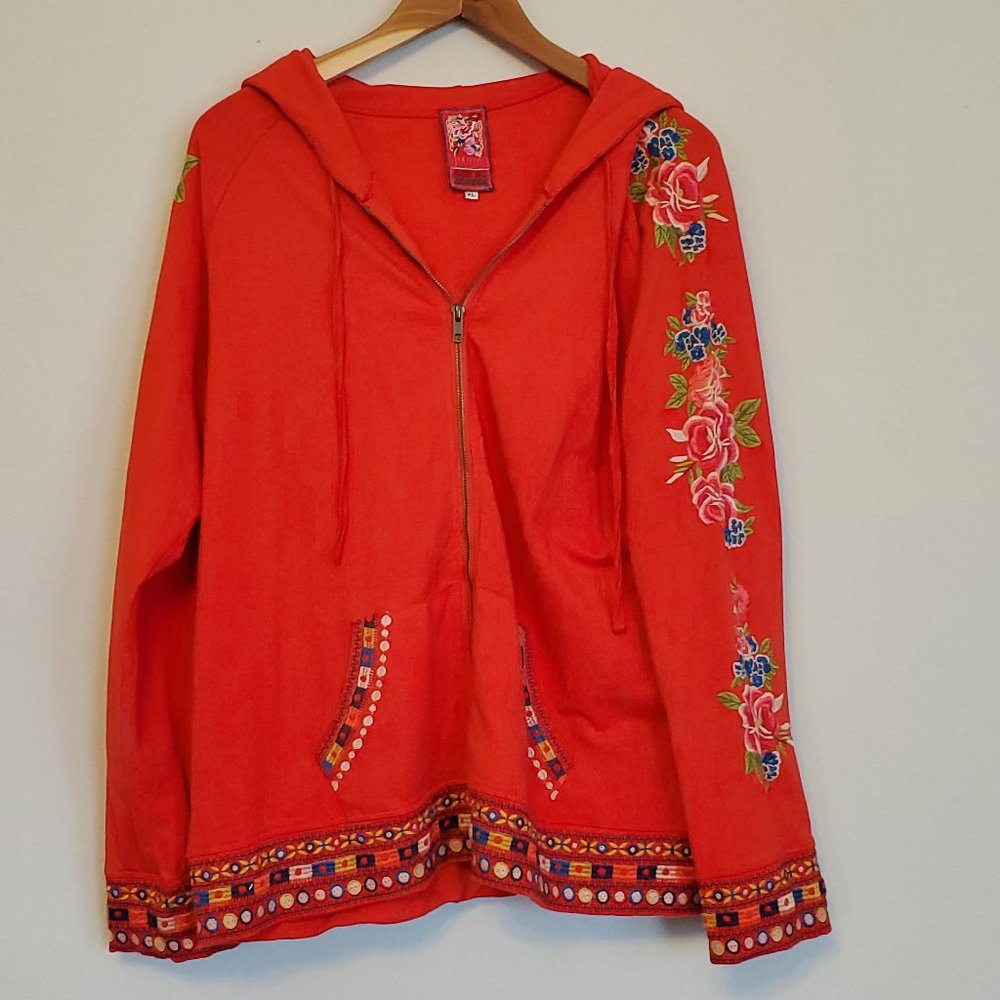 JWLA by Johnny Was Red Floral Embroidered Hoodie Jacket Size XL